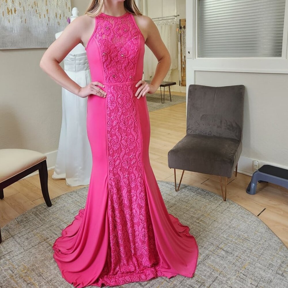 Size 8 hot pink beaded lace high neck sleeveless trumpet jersey gown NWT